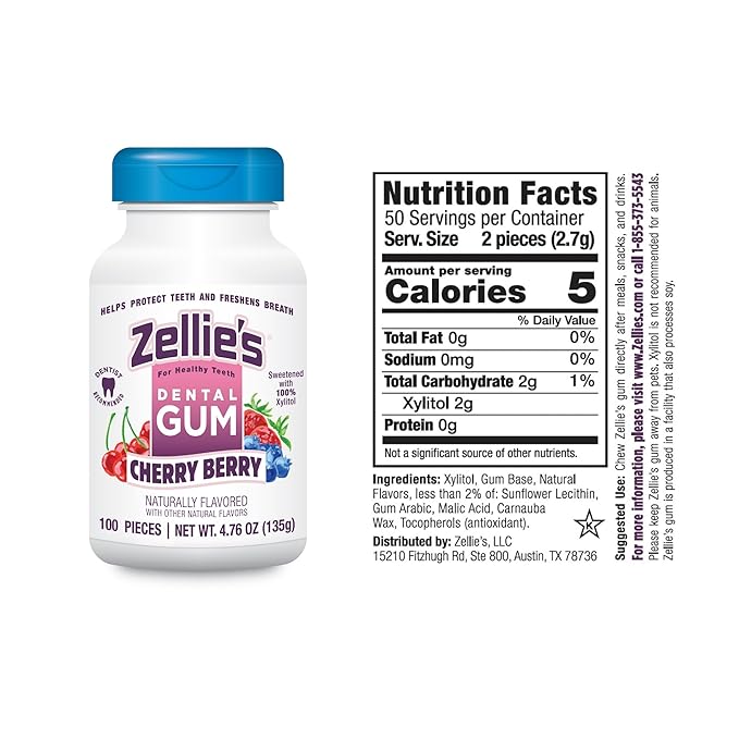 Zellie's | 100% Xylitol Cherry Berry Chewing Gum | No Aspartame, Gluten Free, Vegan & Kosher (100 Count - Pack of 1)