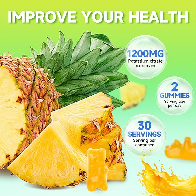 Potassium Citrate Gummies, High Potassium Supplement Gummies 1200mg Support Leg Cramps & Muscle Health, for Adults & Kids, Vegan, Pineapple Flavor 120 Count