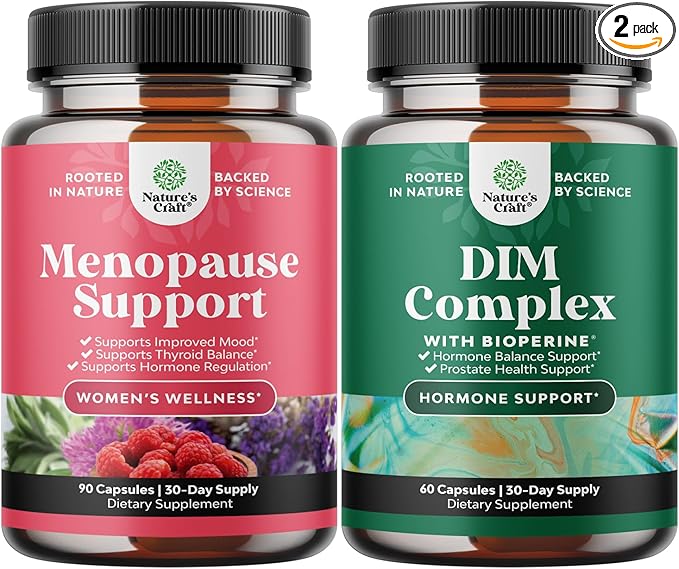 Bundle of Complete Herbal Menopause Supplement for Women for Night Sweats Mood and More with Dong Quai Vitex Chaste Berry and Black Cohosh and Extra Strength Diindolylmethane DIM Supplement - DIM Comp