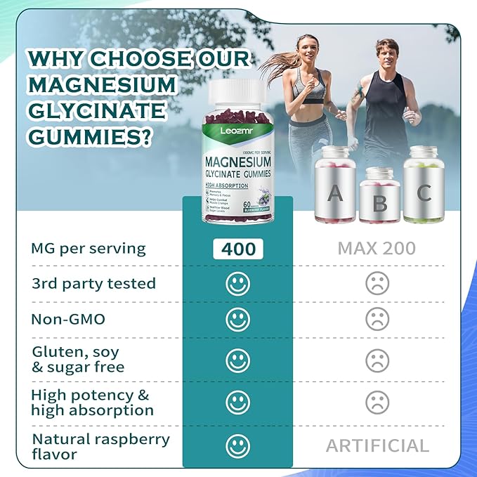 Magnesium Glycinate Gummies 1000mg - Sugar Free Magnesium Potassium Supplement with Vitamin D, B6, CoQ10 for Calm Mood & Sleep Support - 60 Blueberry Gummies