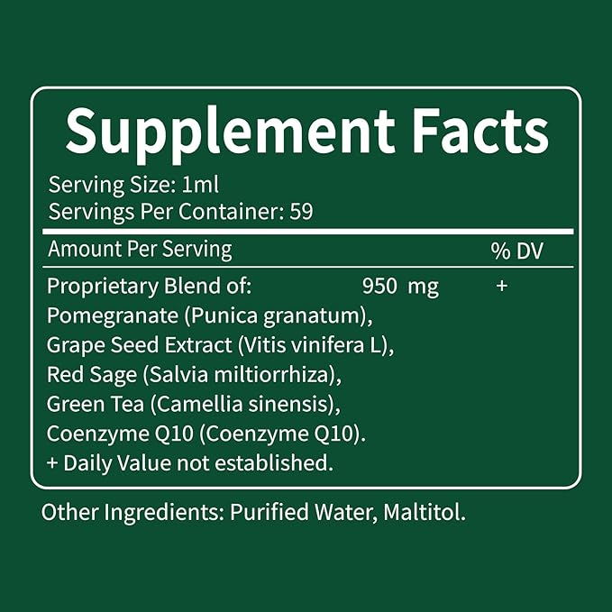 Pomegranate Extract Supplement Drops for Heart and Immune Support, 5-in-1 Fast Absorbing Herbal Supplements with Red Sage Coenzyme Q10 Green Tea. 2 oz