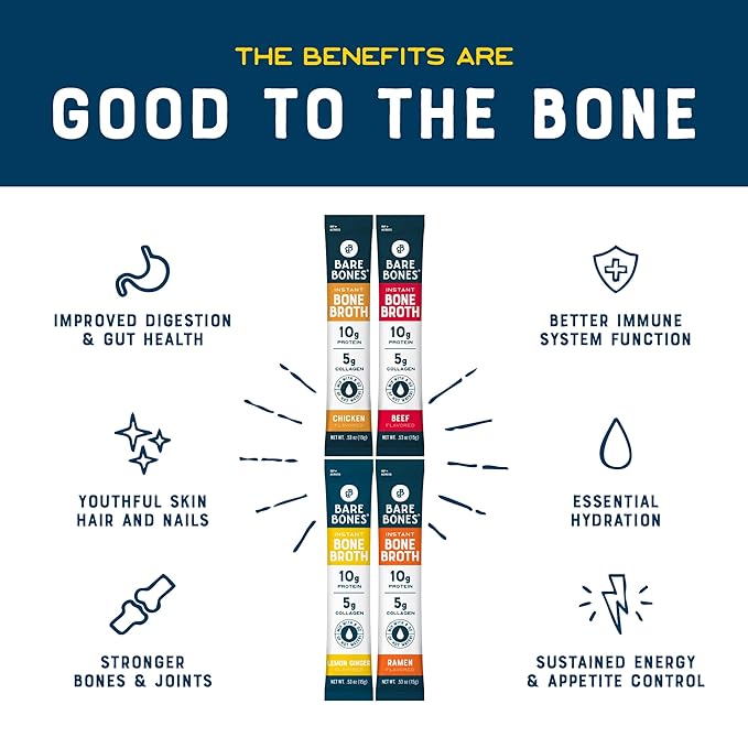 Bare Bones Bone Broth Instant Powdered Mix | 4 Beef 4 Chicken 4 Ramen 4 Lemon Ginger | Non-GMO Gluten-Free Dairy-Free Keto & Paleo Friendly | 15g Sticks 10g Protein | Variety Pack | 16 Pack