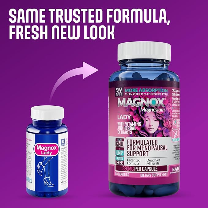 MAGNOX Lady Magnesium Supplement | Menopause and PMS Support Supplement for Women | Magnesium Complex with Vitamins B6, B1, B12, D, Zinc | High-Absorption Dead Sea Organic | 60 Capsules