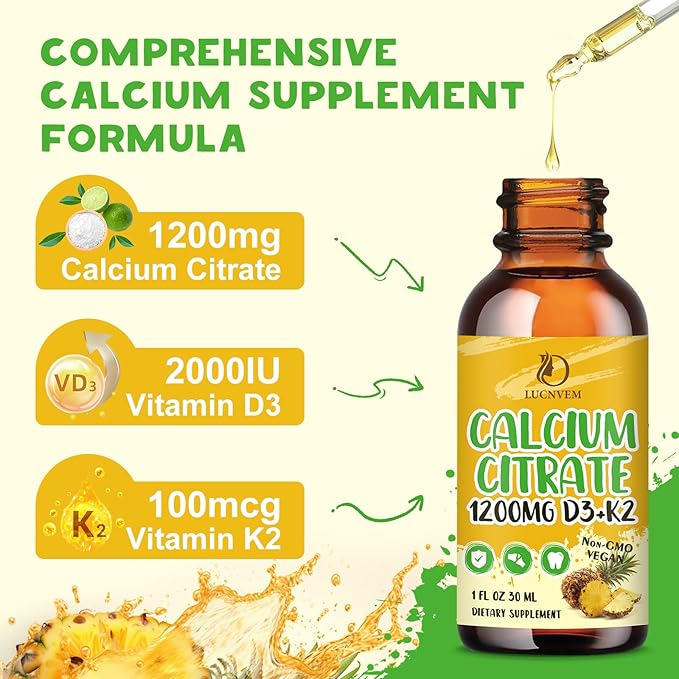 Calcium Citrate 1200 mg with Vitamin D3 Liquid Drops for Women & Men, Calcium Citrate with Vitamin D3 & K2 for Bone Muscle & Teeth- 2 Fl oz- 30 Day Vegan Supply