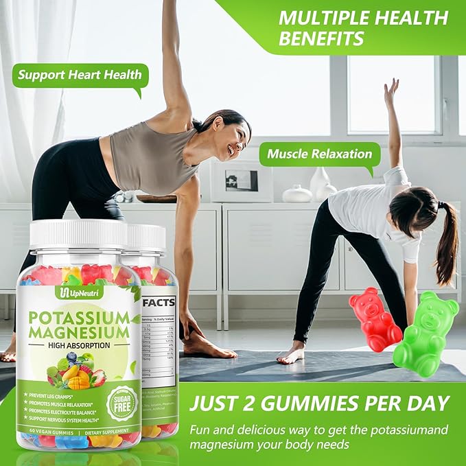 Potassium Magnesium Gummies for Adults Kids, Sugar-Free Potassium Gummies Supports Leg Cramps & Muscle & Immune Health, High Absorption Vegan Magnesium Supplement Gummies 5 Fruit Flavor 120 Cts