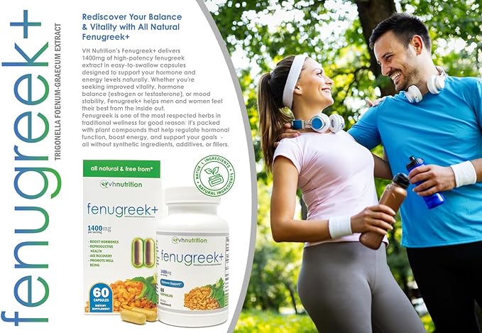 VH Nutrition Fenugreek+ | 1400mg Extra Strength Fenugreek Capsules | Hormonal Balance and Energy Support Supplement for Men & Women | 60 Gluten-Free Capsules
