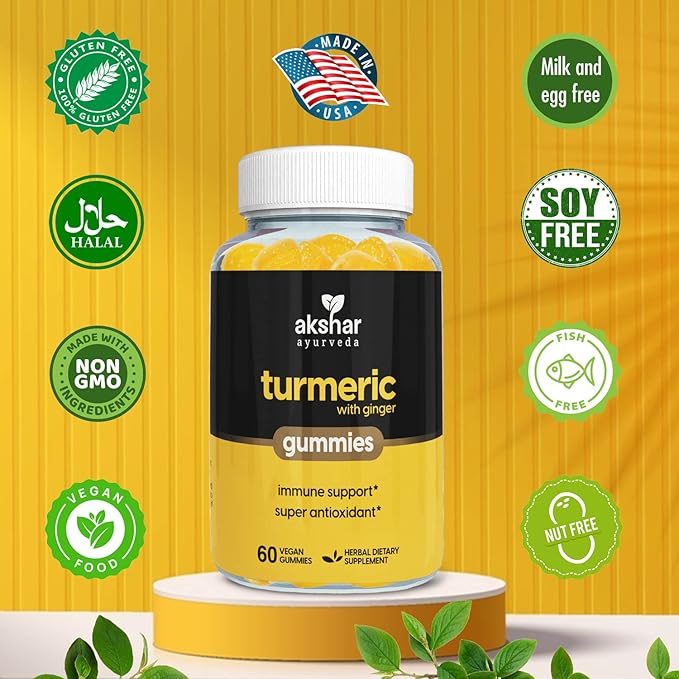 Akshar Ayurveda - Turmeric with Ginger Gummies - Immune Support Turmeric Curcumin Supplements with Ginger Root and Piperine Black Pepper Super Antioxidant - Vegan Cruelty-Free (60 Vegan Gummies)