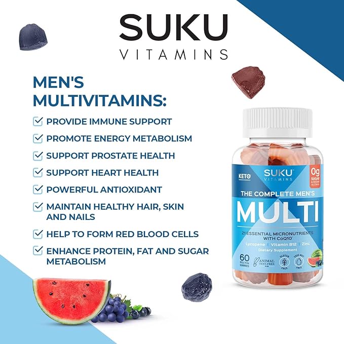 SUKU Men's Daily Multivitamin Gummies – Vitamins A, B12, C, D3, E, Zinc, CoQ10 & Lycopene – Prostate, Heart & Immune Support – Sugar-Free, Vegan, Mixed Fruit Fusion – 60 Count