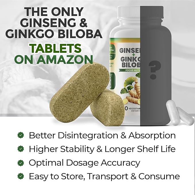 Ginko Biloba & Panax Ginseng Supplement - Red Ginseng for Memory and Focus - Ginkgo Biloba for Good Vision, Immune System and Improved Blood Flow (360 Tablets: 6 Bottles)
