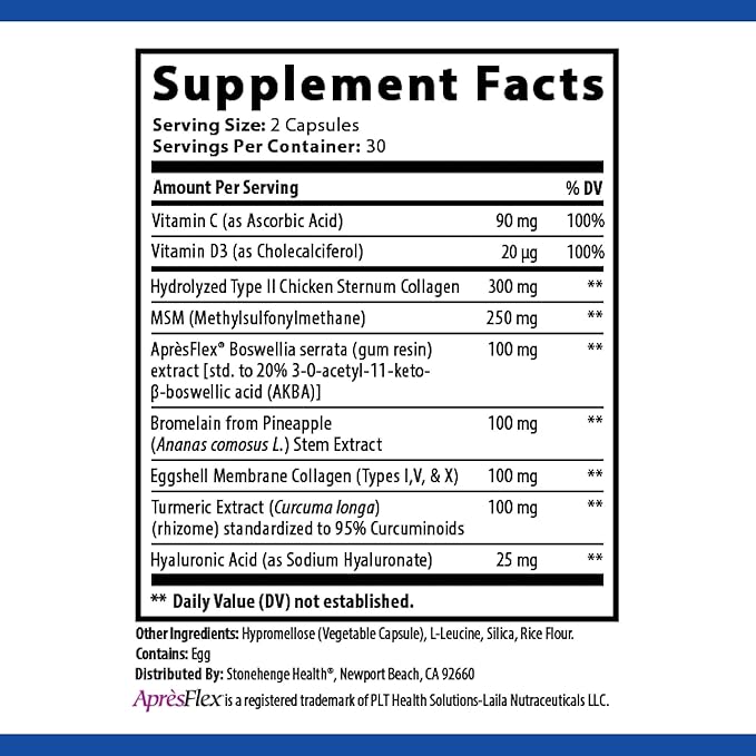 Stonehenge Health Dynamic Joint Health Supplement – Fast-Acting Support with AprèsFlex® Boswellia, MSM, Multi-Type Collagen, Turmeric, Bromelain, Vitamins C & D3 – Supports Joint Comfort – 60 Capsules