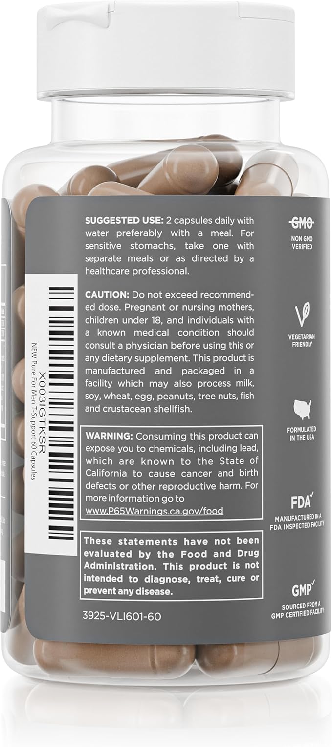 Pure for Men T-Support Supplement | Vegetarian Total Support for Men with Maca, Vitamin D, & Ashwagandha, Muscle Health | Endurance, Strength, Focus, & Energy Support | 60 Capsules