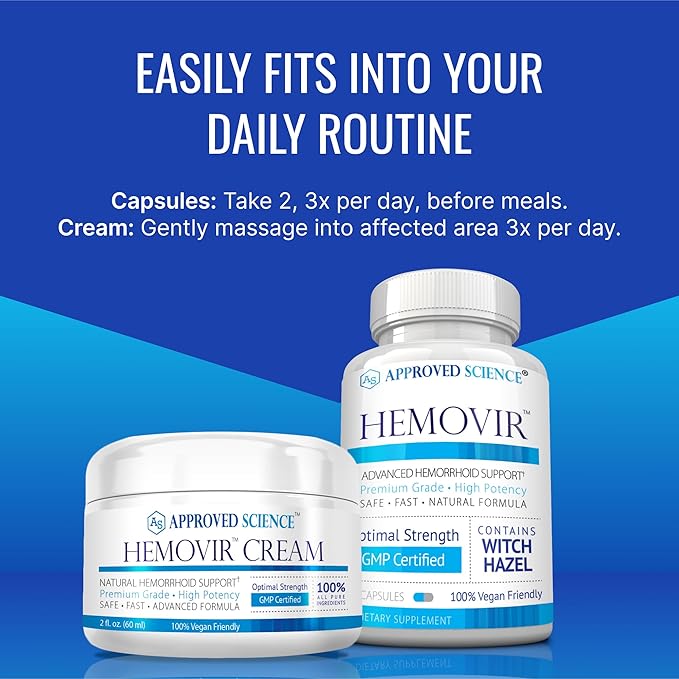 Approved Science Hemovir - Hemorrhoid Capsules and Cream - Dual-Action Stops Itching and Optimizes Blood Flow - Internal and External Care - 45 Capsules + 2 Fl Oz - Vegan - Non GMO - Made in The USA
