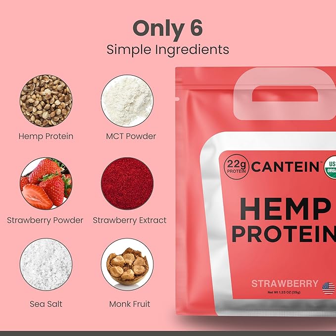Organic Hemp Protein Powder, Plant Based and Vegan Protein Shake, Lactose and Dairy Free, Gluten Free, Clean and Natural- Strawberry (1 Serving)