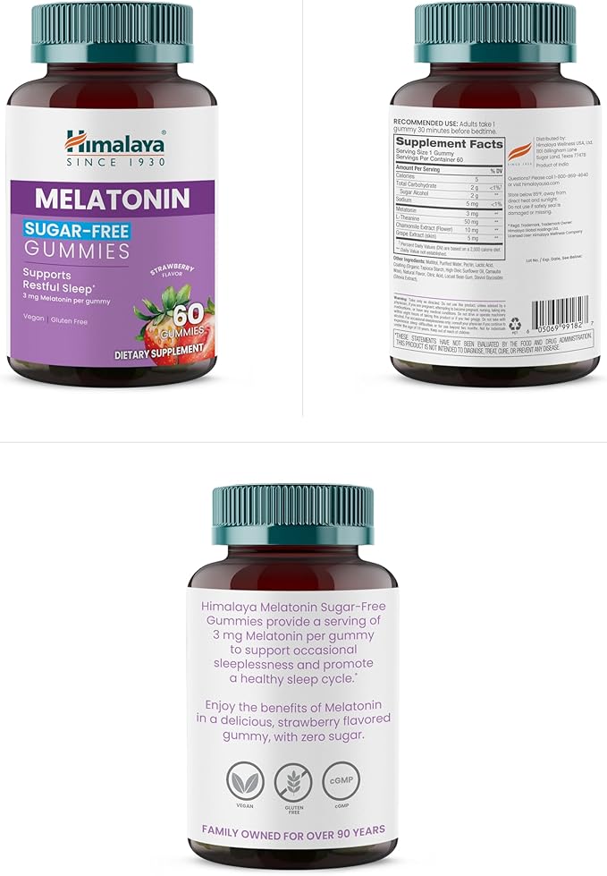 Himalaya Melatonin Sugar-Free Gummies, Supports Restful Sleep, Vegan, Gluten-Free, 3 mg Melatonin, 60 Gummies