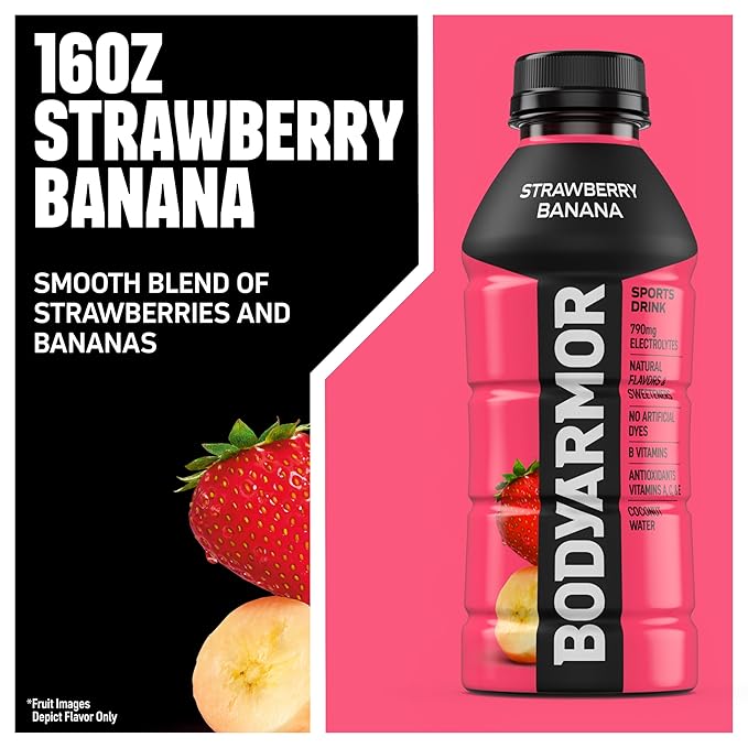 BODYARMOR Sports Drink Sports Beverage, Strawberry Banana, Coconut Water Hydration, Natural Flavors With Vitamins, Potassium-Packed Electrolytes, Perfect For Athletes, 16 Fl Oz (Pack of 12)