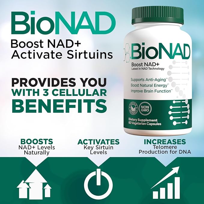 BioNAD NAD+ Natural Energy Booster - Boosts NAD+ - Supports Cardiovascular Health by lowering LDL Cholesterol - Anti Aging - Combats Inflammation induced Aging on a Cellular Level - Vegan/Non GMO