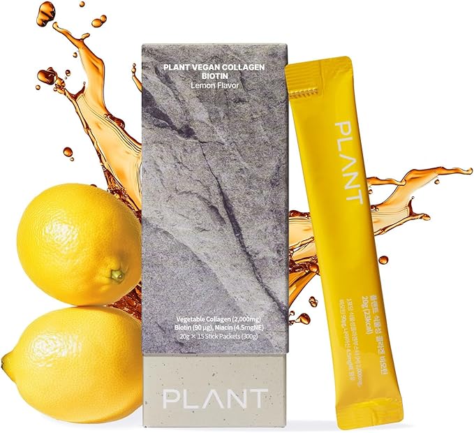 PLANT Vegan Liquid Collagen + Biotin + Niacin | 2,000mg Hydrolyzed Collagen Peptides | Kosher & Halal Certified| Lemon Flavor| Skin, Hair & Nail Support| 363Da Ultra Low Molecular |15 Stick Packs