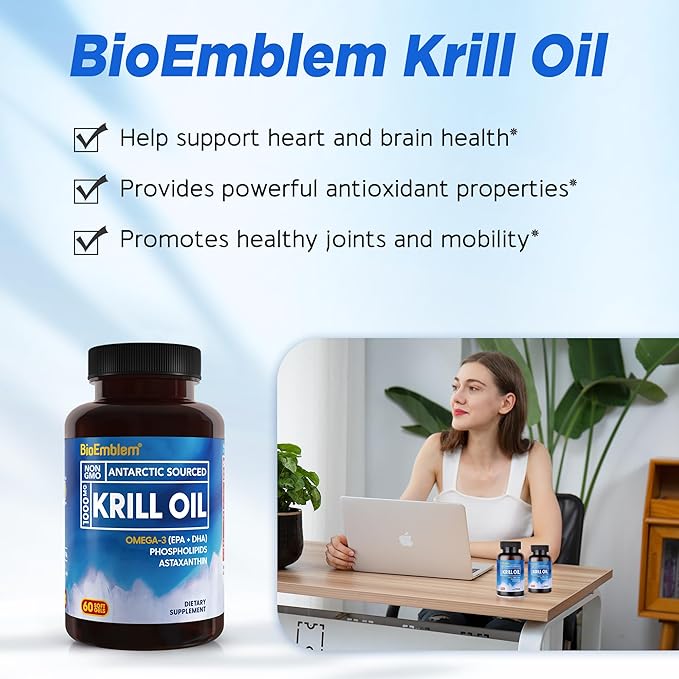 BioEmblem 3 Pack Antarctic Krill Oil 1000mg Softgels, Omega-3s Oil with High Levels of EPA + DHA, Astaxanthin, and Phospholipids, Supports Brain Health, 180-Count Non-GMO, Gluten Free, 90 Days Supply
