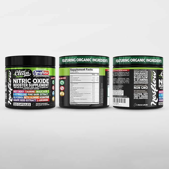 NosFlow Nitric Oxide Supplements for Men | Beet Root Taurine L-Arginine Malic Acid L-Arginine L-Citrulline Pine Bark Glycerol Agmatine Grape Seed Vitamin C B12 B3 by Clean Nutra