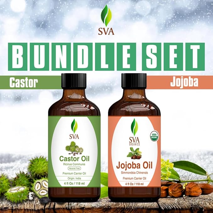 SVA Castor Oil 4oz & Jojoba Oil 4oz Bundle Super Saver Combo – Premium Grade Bundle Set for Hair Oiling, Scalp Massage, Hair Care, Face, Skin Care and Body Massage