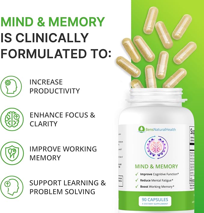 Ben's Natural Health Mind and Memory - Memory Supplement for Brain Health - Nootropic Brain Supplement for Men and Women - Ginkgo Biloba Green Tea Supplement for Focus and Memory (Pack of 6)