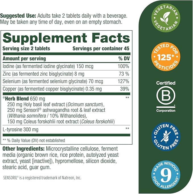 MegaFood Thyroid Strength - Mineral Supplement- Thyroid Support for Women with Ashwagandha, Zinc, Selenium, Copper, Iodine & L-Tyrosine - 90 Tabs (45 Servings)