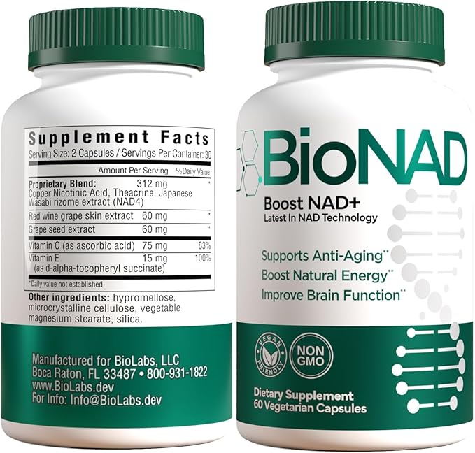 BioNAD NAD+ Natural Energy Booster - Boosts NAD+ - Supports Cardiovascular Health by lowering LDL Cholesterol - Anti Aging - Combats Inflammation induced Aging on a Cellular Level - Vegan/Non GMO