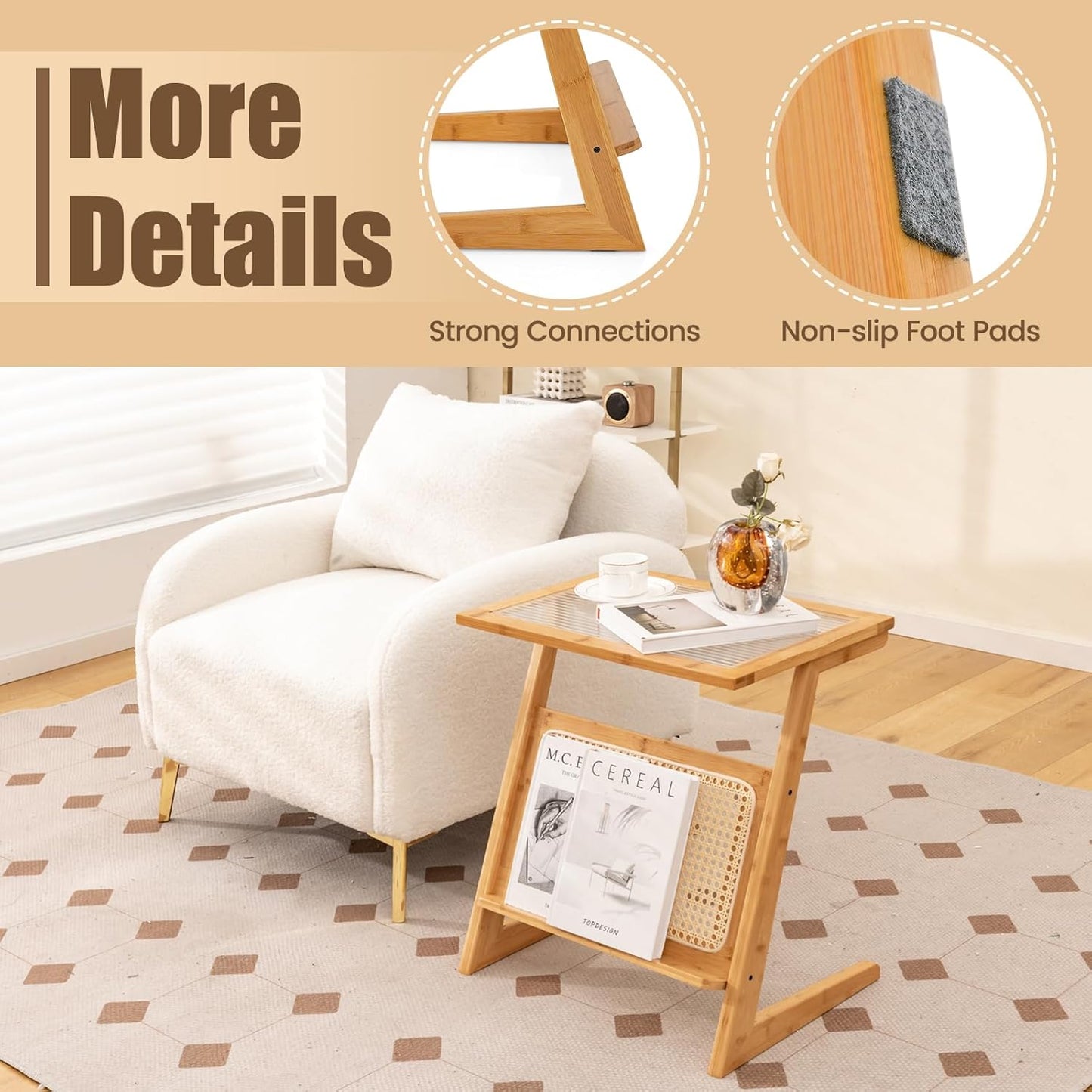 GOFLAME Rattan Side Table Set of 2, Z-Shaped End Table with Magazine Rack, Bamboo Sofa Side Accent Table with Glass Top, Small Boho Nightstand, Bedside Table for Small Space, Living Room, Bedroom