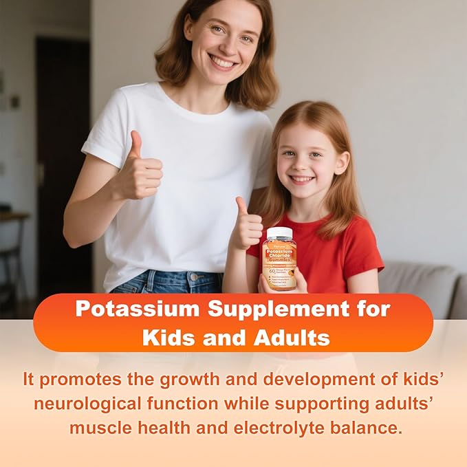 Potassium Gummies, Potassium Chloride 1200mg for Adults, Sugar-Free Potassium Supplement Gummies Support Electrolyte Balance & Leg Cramps for Women & Men, Orange Flavor, Vegan, 60 Count