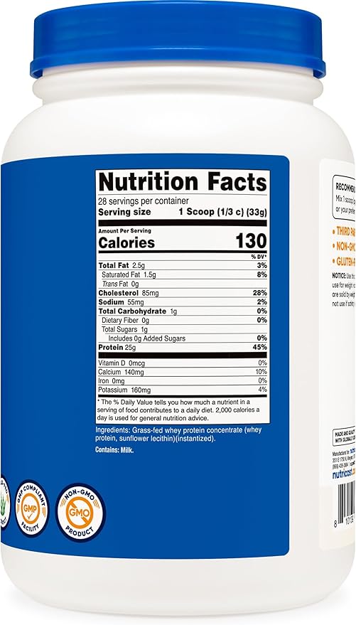 Nutricost Grass-Fed Whey Protein Concentrate (Unflavored) 2LBS - Undenatured, Non-GMO, Gluten Free