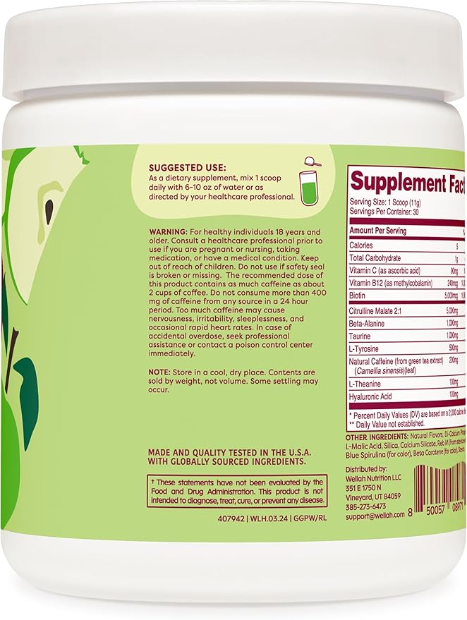 Wellah Get-Going Pre-Workout Drink Mix (Green Apple Flavored, 30 Servings)