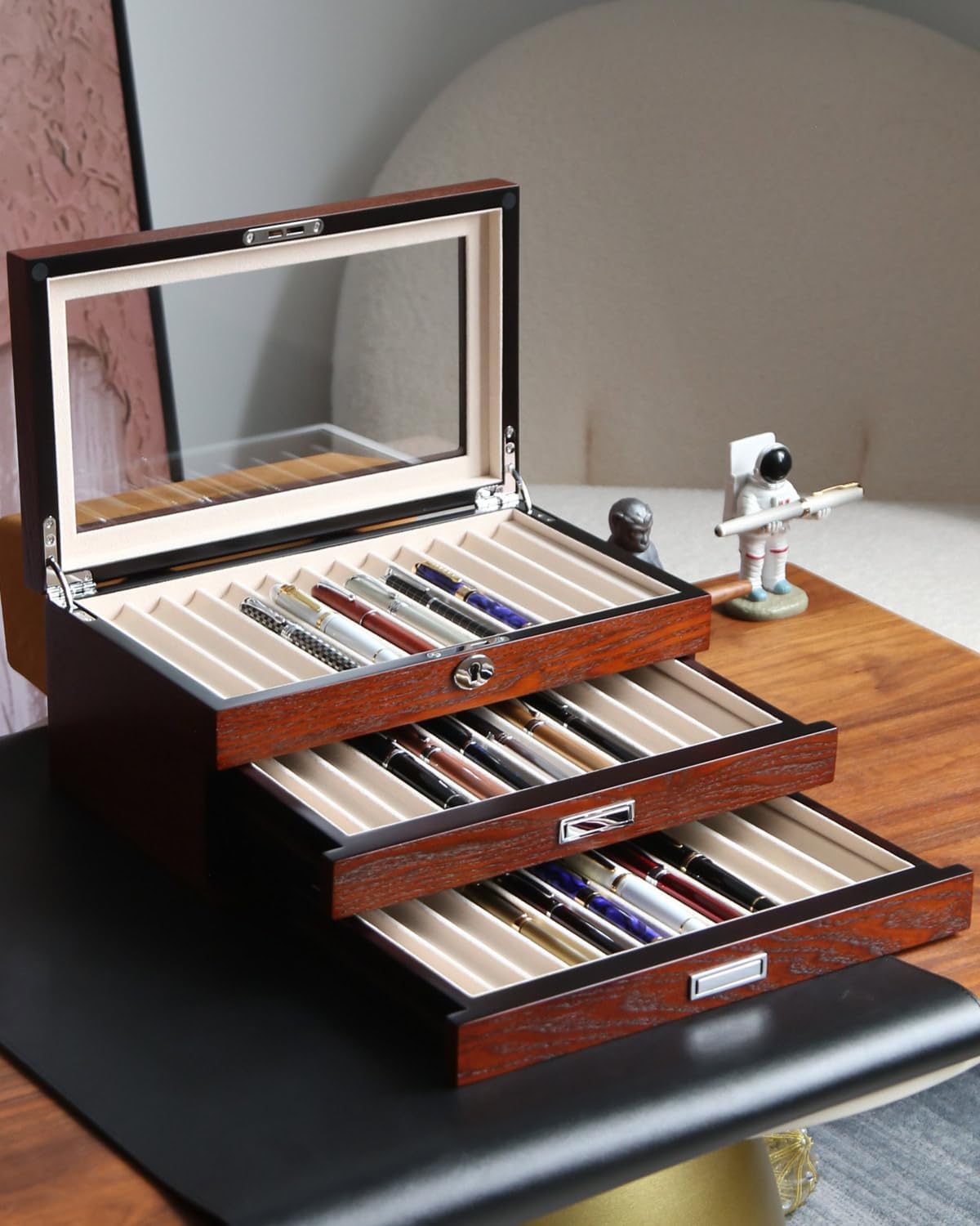 wood pen display case 36 slot Fountain pen Box storage Organizer with drawer, Top Glass Window Pen Collection Display Case