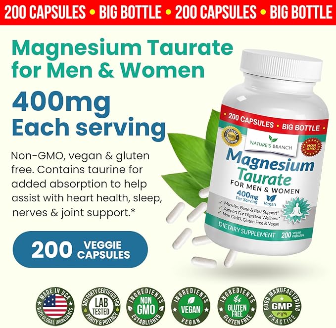 Magnesium Taurate 400mg - 200 Capsules - High Absorption for Sleep, Heart Health, Calm, Joint Supplement for Women and Men - Made in USA, Pure Elemental Mag Powder Plus Taurine - Extra Strength Pills