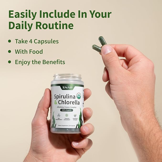 Snap Supplements Organic Spirulina and Chlorella Capsules, Chlorophyll and Protein Rich Blue Green Algae Superfood Supplement for Energy and Immune Support, Vegan, Non GMO, Greens Blend, 120 Capsules