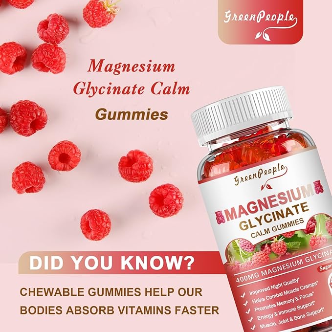 Magnesium Glycinate Gummies 400mg - Sugar Free Magnesium Potassium Supplement with Magnesium Malate, Vitamin D, B6, and CoQ10 for Calm Support & Sleep for Adults - Raspberry Gummies