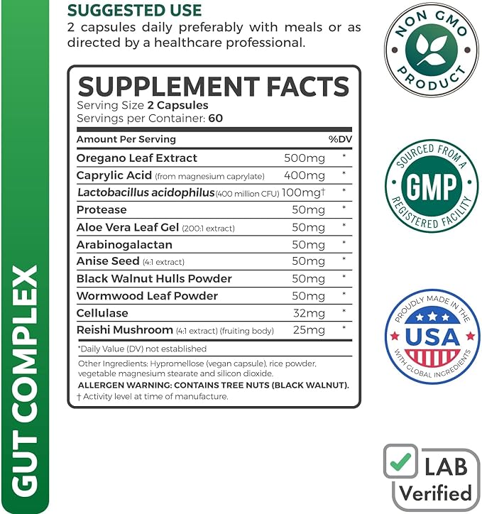 Candida Support (120 Capsules) - Caprylic Acid, Oregano Oil & Probiotics Help Maintain Already Normal Levels of Yeast and Candida - Vegetarian, Non-GMO Intestinal Supplement - Gut Cleanse (No Pills)