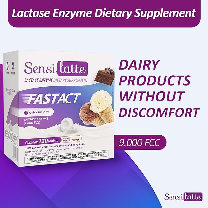 Lactase Enzyme 120 Tablets Vanilla - 9.000 FCC - Sensilatte – Quick Dissolution – Helps with Digestive Comfort – Prati Donaduzzi