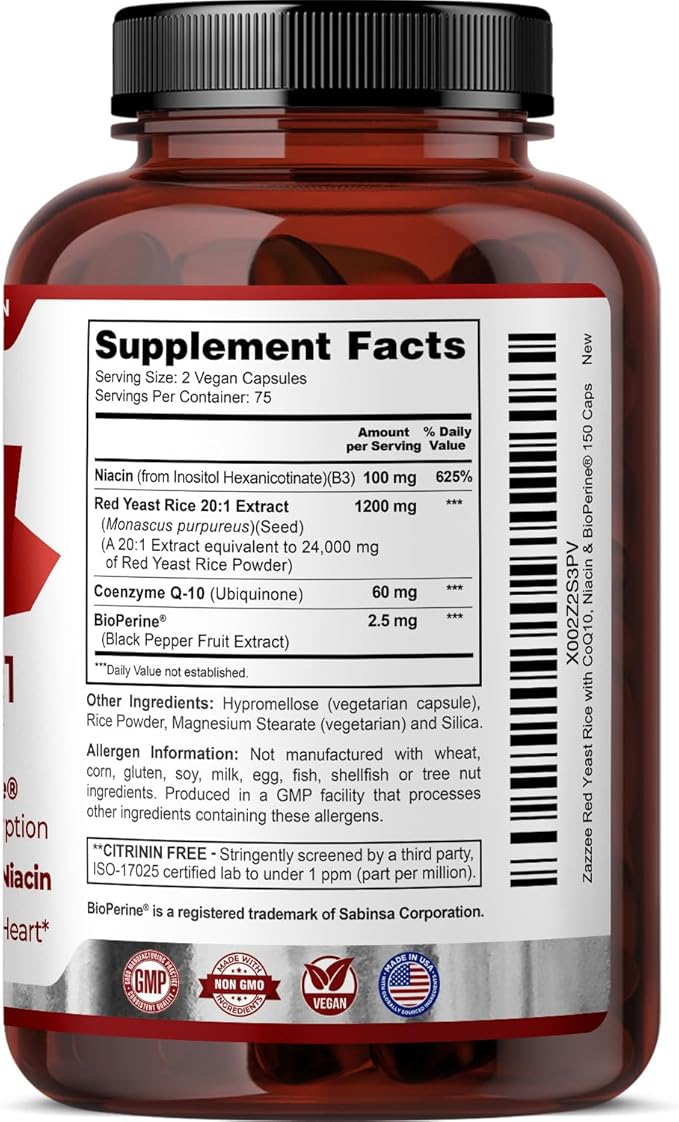 Extra Strength Red Yeast Rice with CoQ10 - 20X Concentrated 1200mg Red Yeast Rice Supplement with Niacin CoQ 10 and BioPerine for Enhanced Absorption - Non-GMO Vegan & ISO Lab Tested (75 Servings)