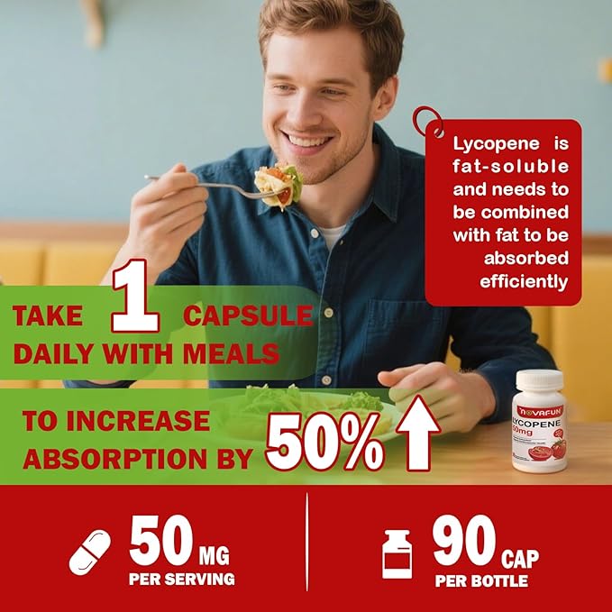 Lycopene Supplements for Men 50mg, Natural Tomato Antioxidant Supplement, 90 Veggie Capsules-Cardiovascular Health, Immune Support & Skin Health, 3 Month Supply