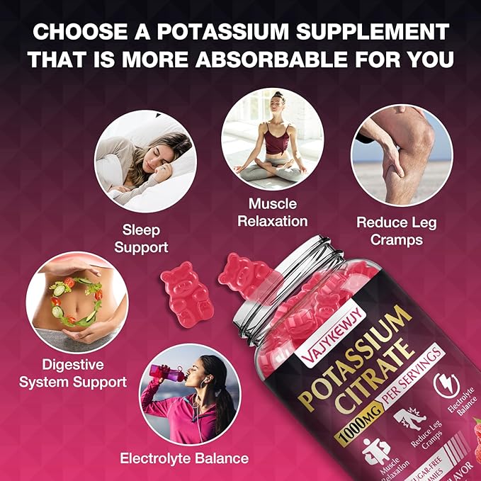 Potassium Citrate Gummies, High Potassium Supplement (1000mg), Supports Leg Cramps & Muscle Health, Suitable for Adults & Kids, Vegan, Non-GMO, 60-Count