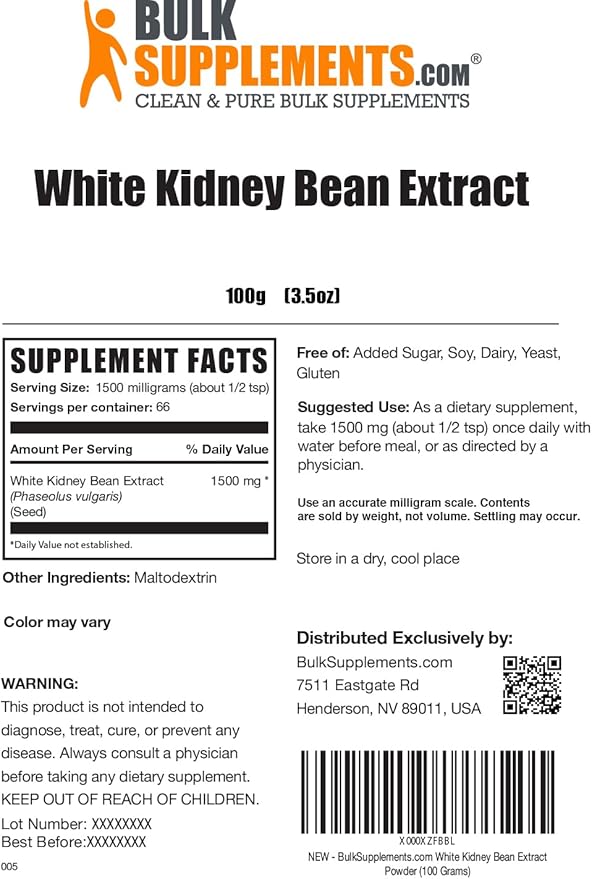 BulkSupplements.com White Kidney Bean Extract Powder - White Kidney Bean Powder - Herbal Supplement - Gluten Free, 1.5g per Serving, 100g (3.5 oz) (Pack of 1)