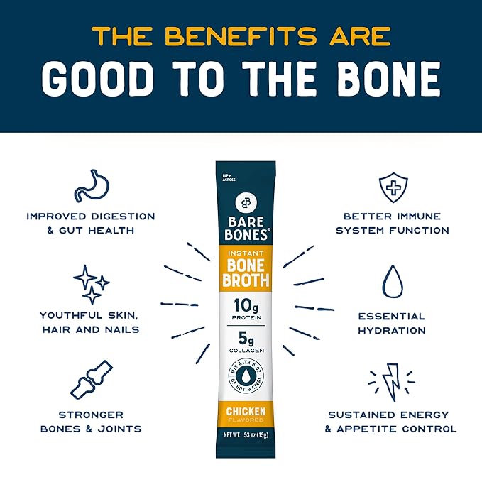 Bare Bones Chicken Bone Broth Instant Powdered Mix | Rich Savory Packets on-the-Go No Artificial Flavors | Keto & Paleo Friendly | 10g Protein | 32 Pack