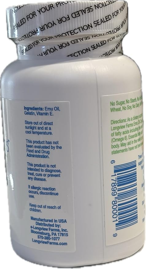 Longview Farms® Emu Oil Gel Capsules | 100% Pure Emu Oil for Skin Health, Mobility, and General Wellness | Natural Omega 3, 6, 9, and Essential Vitamins | 60 Capsules