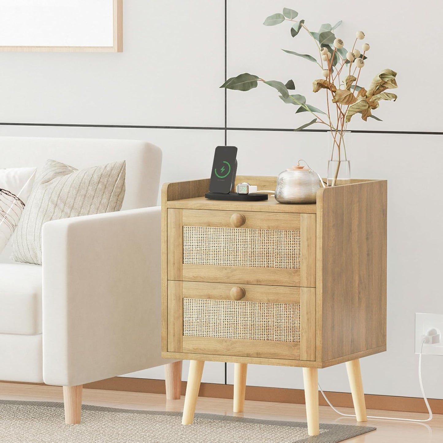 Rattan Nightstand with Charging Station, Mid Century Modern Bedside Side Table with 2 Drawers, Boho End Table with Wood Legs for Bedroom Natural Night Stand for Living Room