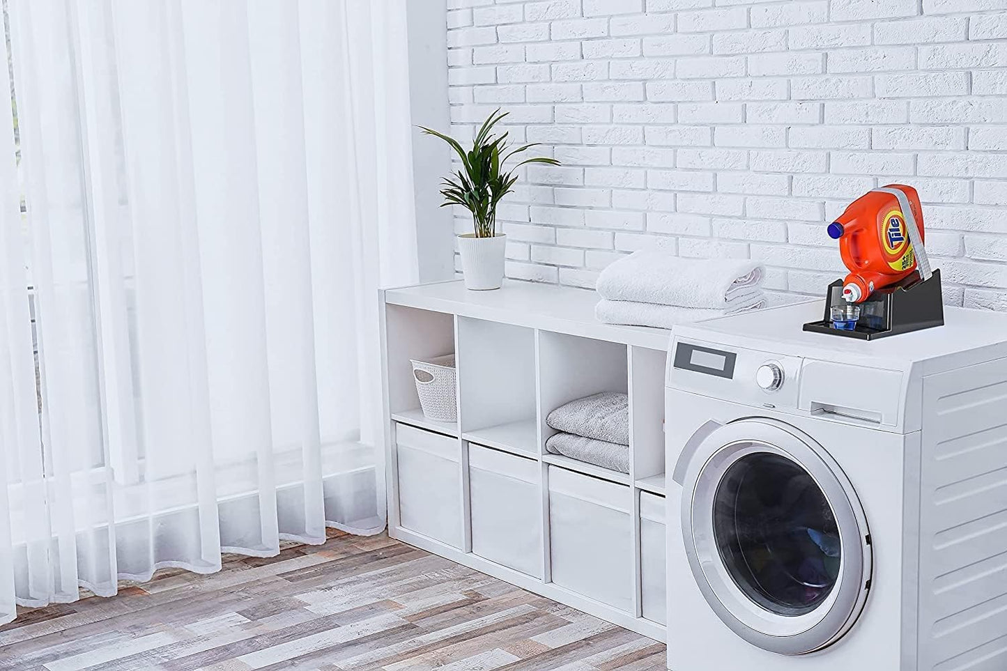 TidyFriend Liquid Laundry Detergent Holder Stand with Drip Tray & Rubber-Grip Feet, Stand for Laundry Room Organization and Storage, Fabric Softener Dispenser with Cup Holder for Easy Pouring (Black)