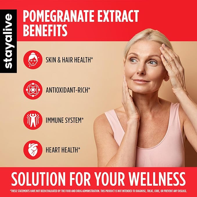 STAY ALIVE Pomegranate Extract Capsules, 20:1 Super Extract with 40% Ellagic Acid, 120 Count, Extra Strength Powder, All Natural Non-GMO and Gluten-Free Pomegranate Supplement for Women and Men
