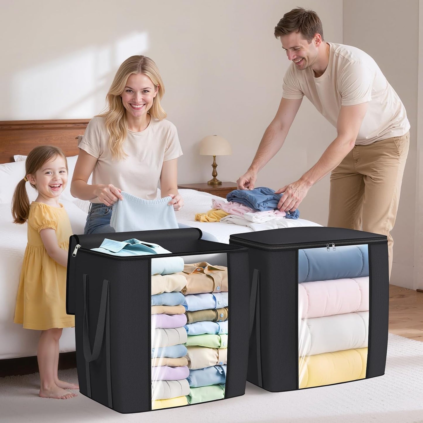 120L Extra Large Clothes Storage Bags, Foldable Blanket Storage and Organization, Thick Fabric Containers with Reinforced Handles & Zippers for Clothing, Comforters, Bedding, Black, 2 Pack