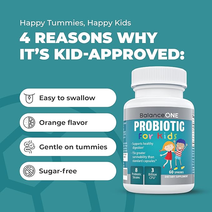 Balance ONE Time-Release Kids Probiotic – Up to 15x Better Survivability – 3 Billion CFU – Gut & Digestive Support for Children – Sugar Free, Easy to Swallow, 2 Month Supply