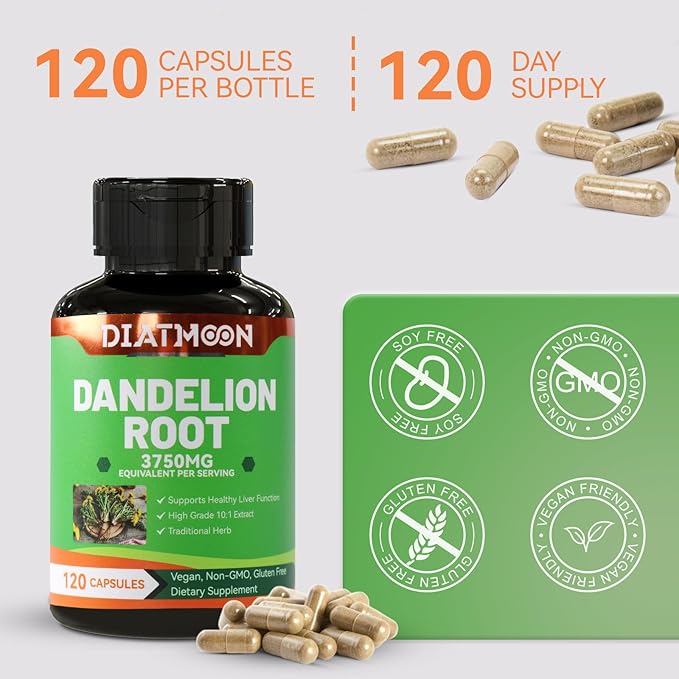DDIATMOON Dandelion Root Supplement 3750mg, 100% Vegetarian, Non-GMO, Gluten Free, 240 Capsules, 8 Month Supply