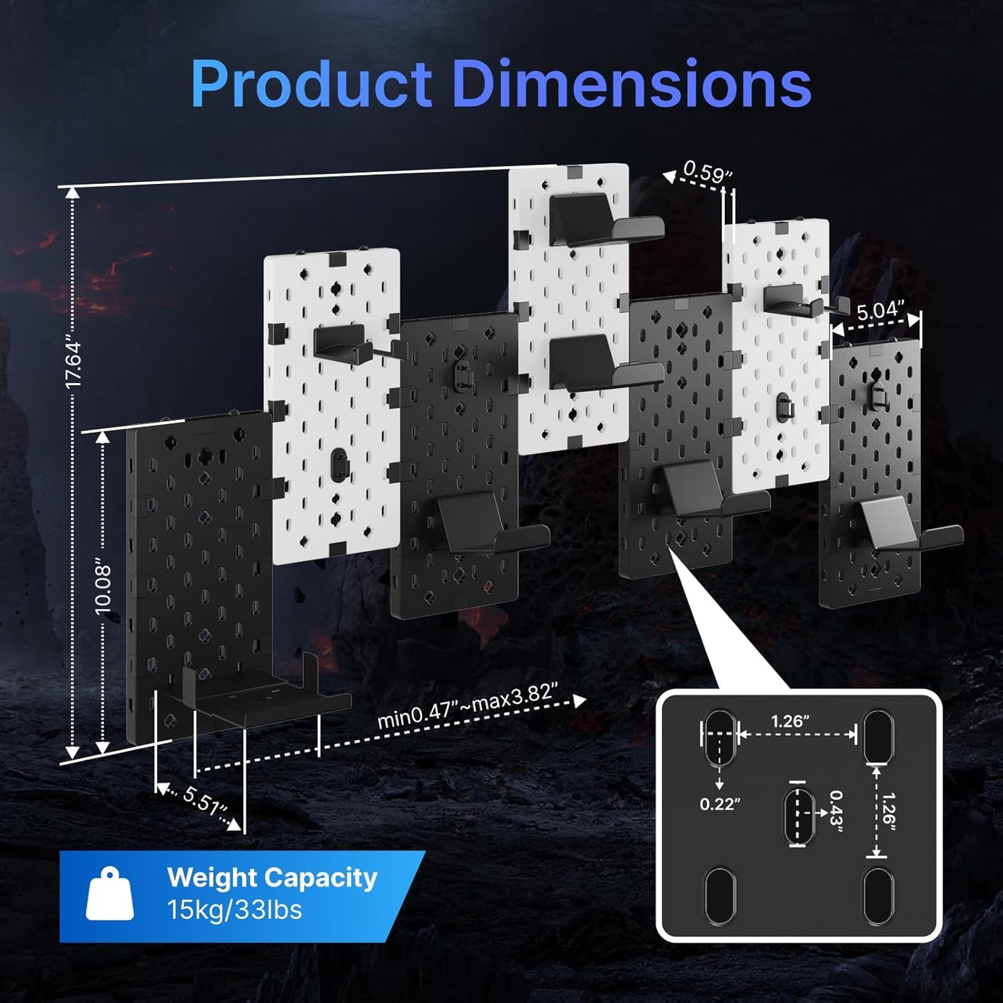 PEGZONE Controller and Headphone Holder Wall Mount, Modular Gaming Pegboard with Accessories, Controller Stand for Xbox PS5 PS4 Switch, Video Game Storage, Disc Shelf, 7pcs Pegboard, Black & White